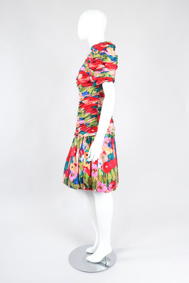 Recess Los Angeles Vintage Evenings by Raul Blanco Evenings Ruched Floral Puff Sleeve Bubble Dress