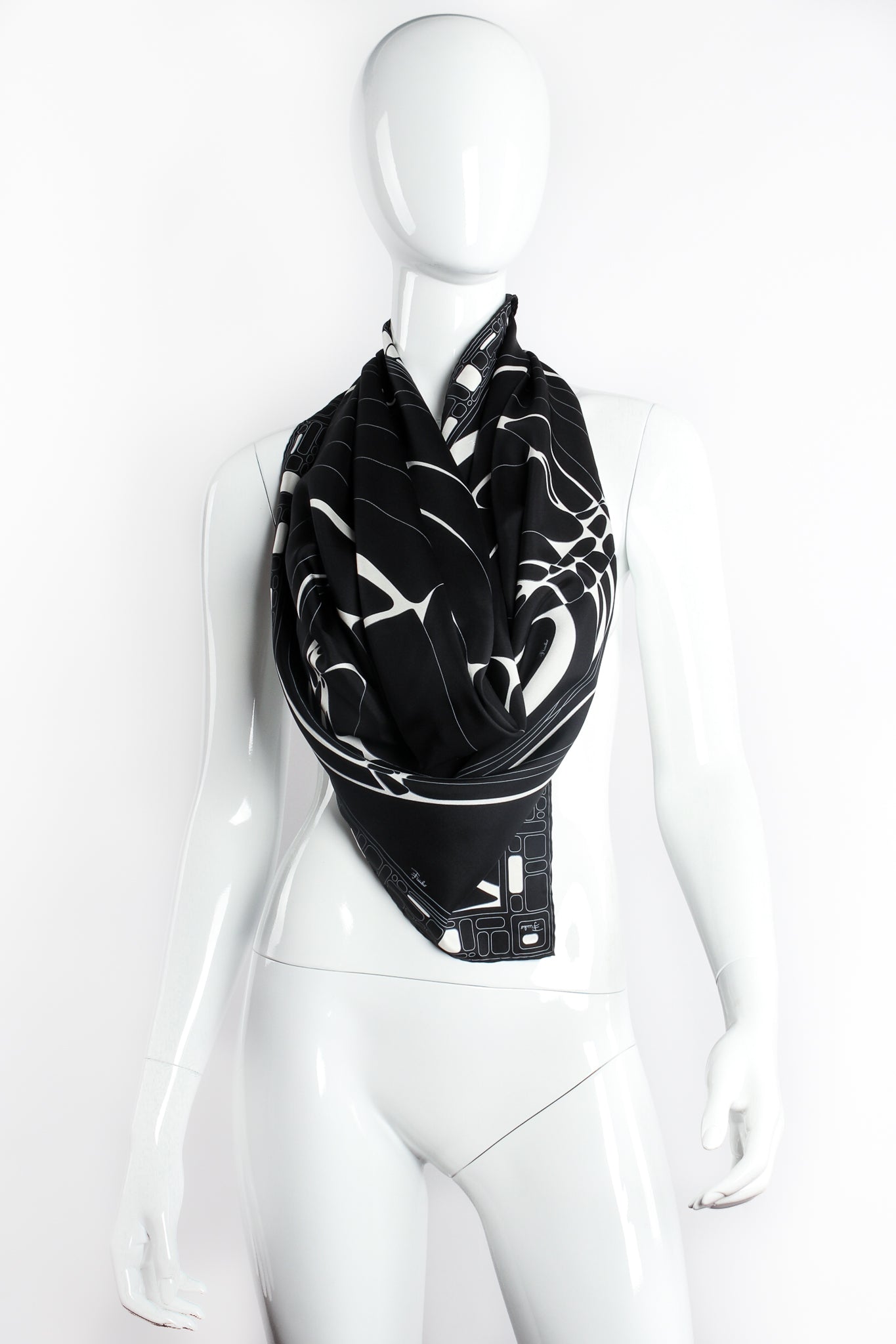 Vintage Emilio Pucci Graphic Mod Silk Scarf on mannequin at Recess Los Angeles