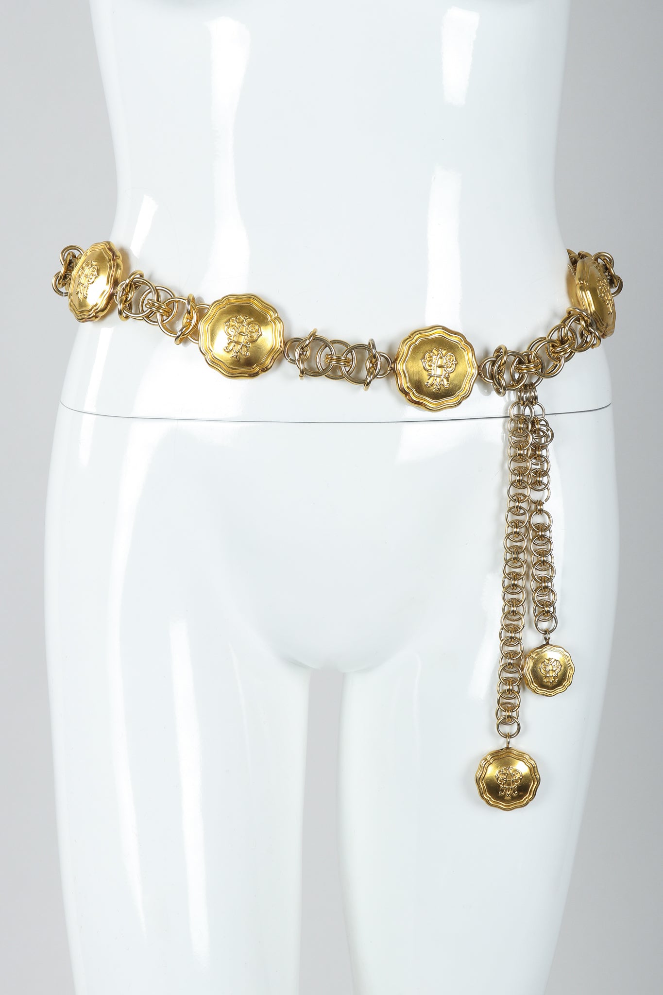 Vintage Emilio Pucci Gold Medallion Logo Chain Belt on Mannequin at Recess Los Angeles