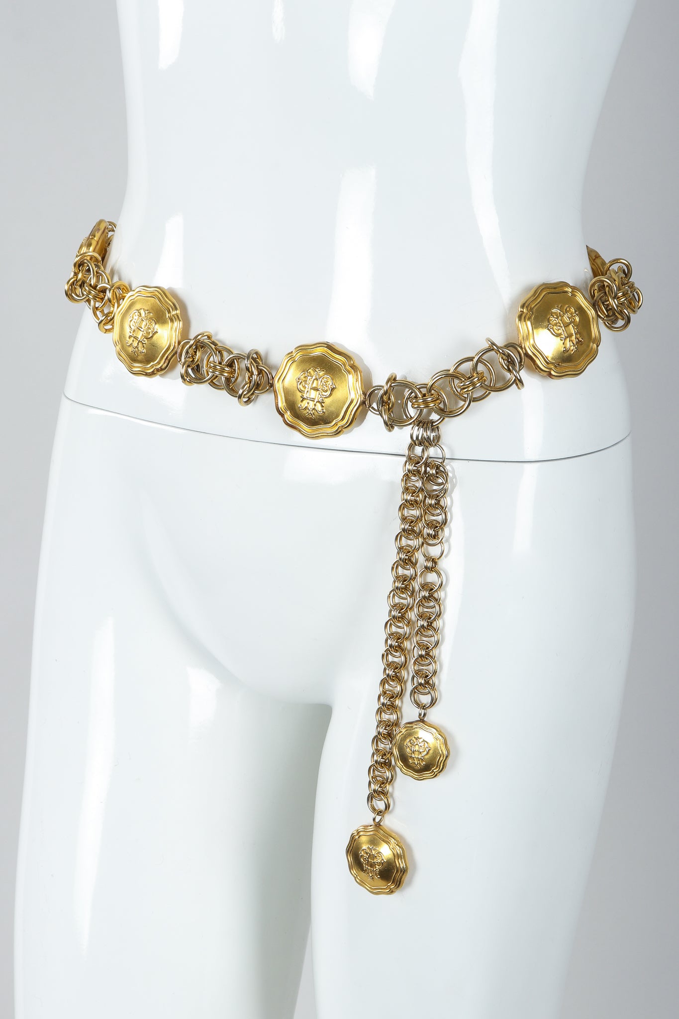 Vintage Emilio Pucci Gold Medallion Logo Chain Belt on Mannequin