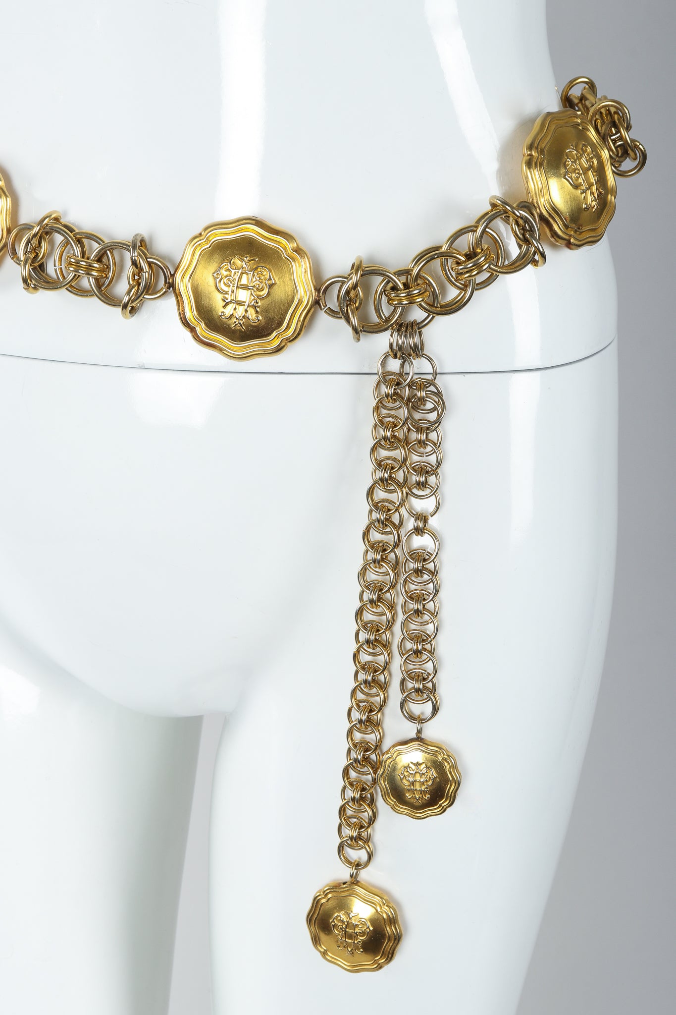 Vintage Emilio Pucci Gold Medallion Logo Chain Belt on Mannequin Detail