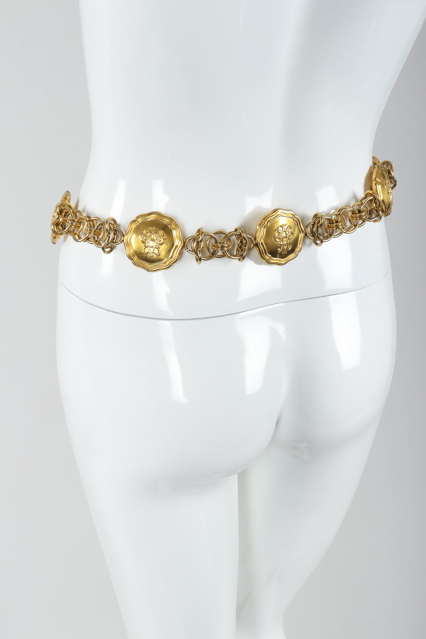 Vintage Emilio Pucci Gold Medallion Logo Chain Belt on Mannequin Back