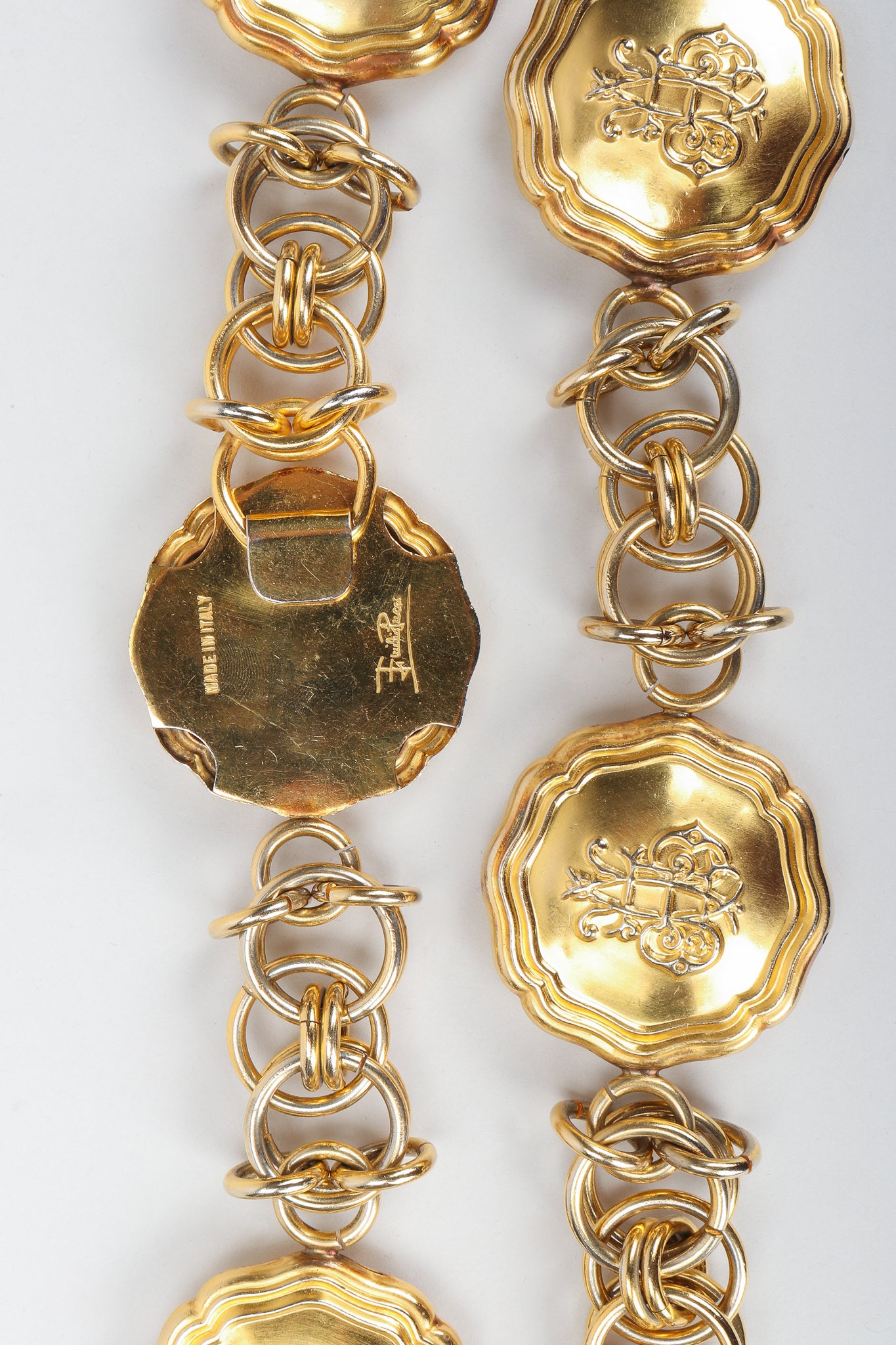 Vintage Emilio Pucci Gold Medallion Logo Chain Belt Clasp Detail