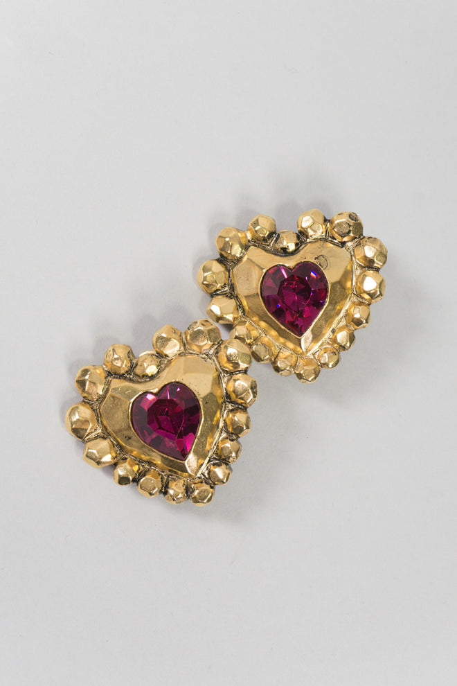 Emanuel Ungaro EU Vintage Crystal Heart Button Clip Earrings