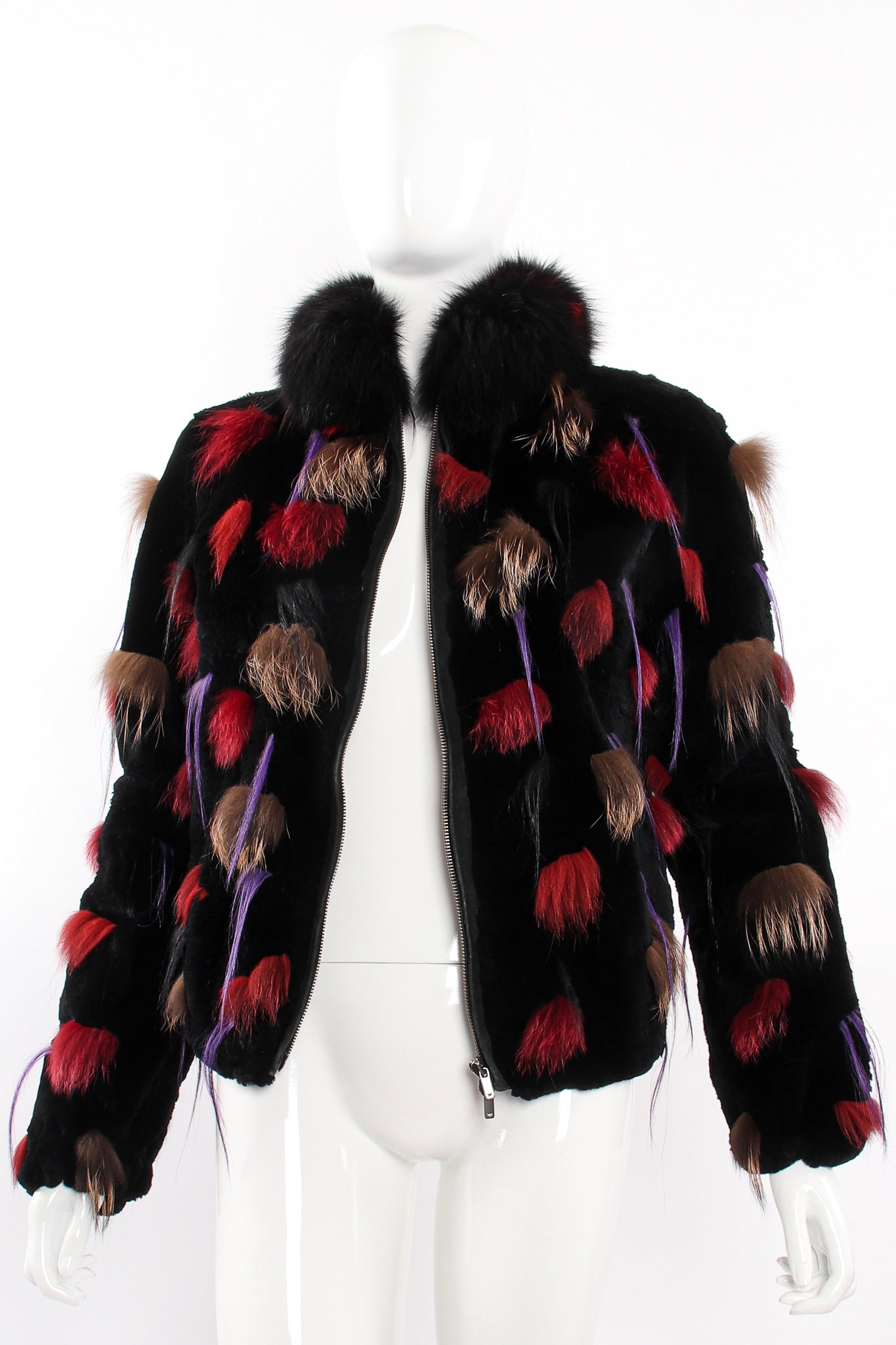 Vintage Emporio Armani Fur Pom Zip Jacket on Mannequin open at Recess Los Angeles