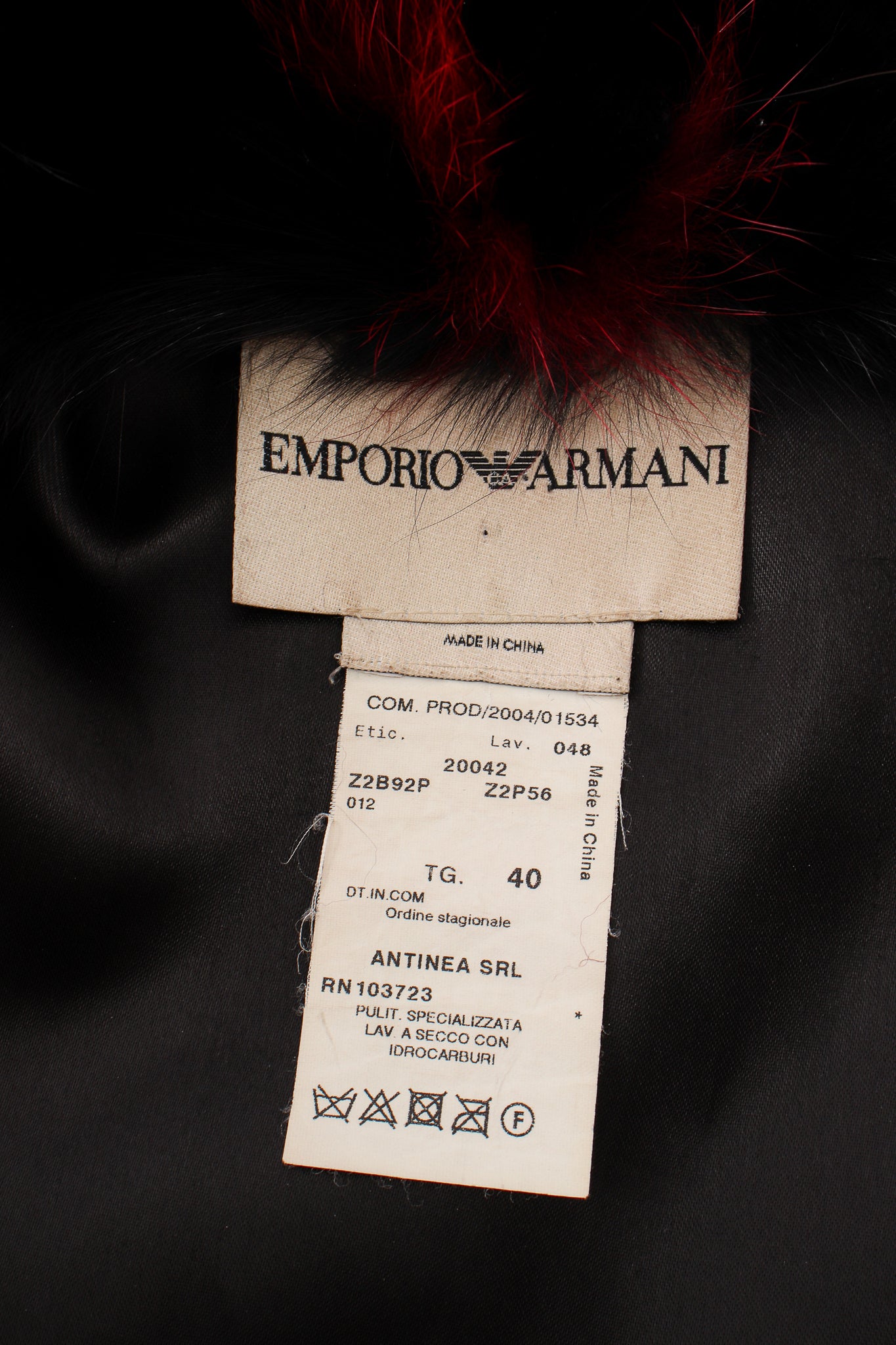 Vintage Emporio Armani Fur Pom Zip Jacket label at Recess Los Angeles