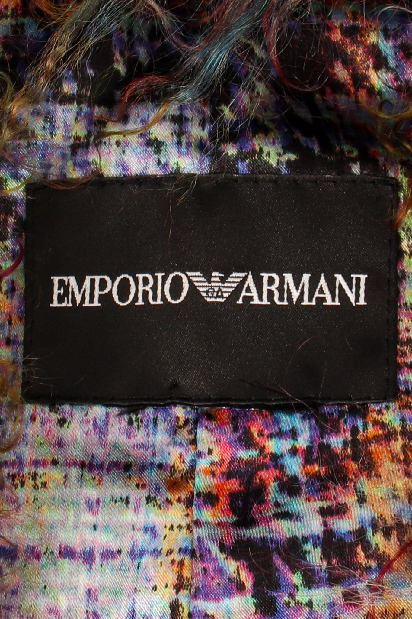 Vintage Emporio Armani Chubby Rainbow Mongolian Fur Jacket label at Recess Los Angeles