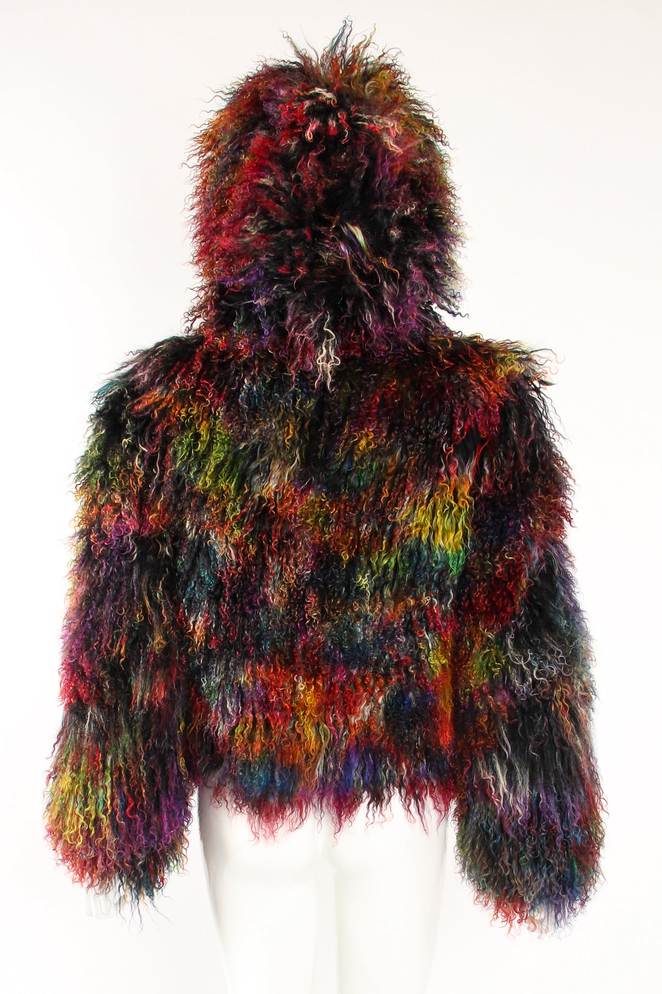 Vintage Emporio Armani Chubby Rainbow Mongolian Fur Jacket Hood on Mannequin back at Recess LA