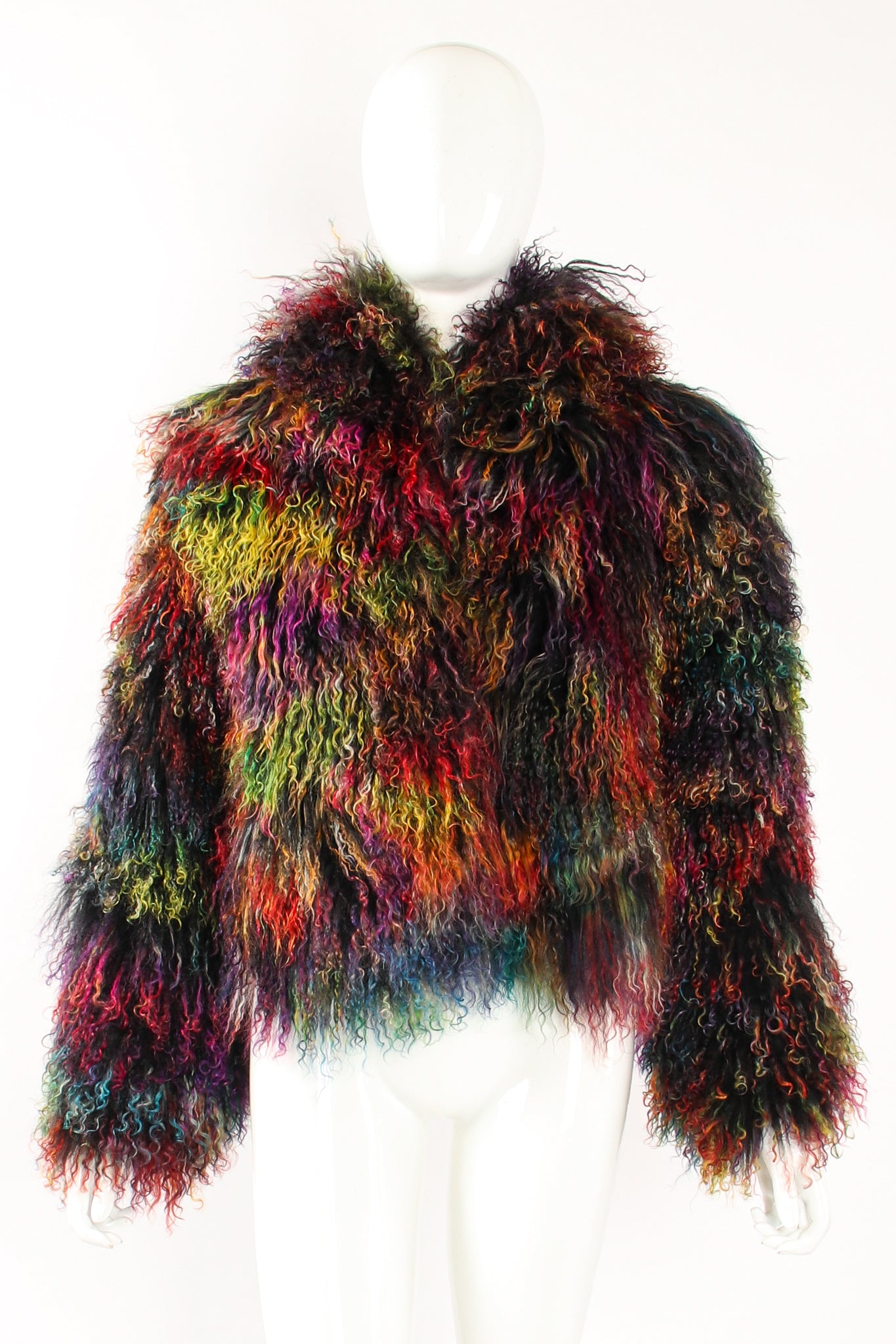 Vintage Emporio Armani Chubby Rainbow Mongolian Fur Jacket on Mannequin front at Recess Los Angeles