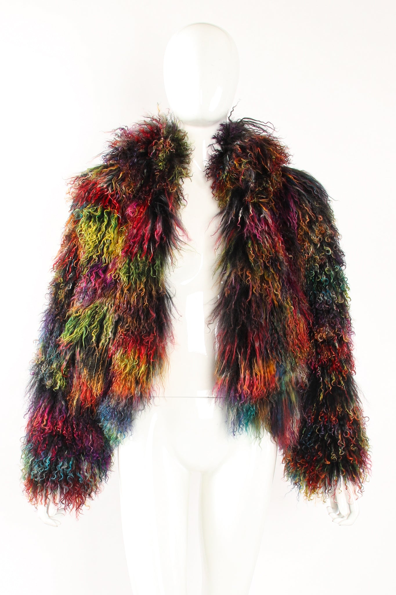 Vintage Emporio Armani Chubby Rainbow Mongolian Fur Jacket on Mannequin open at Recess Los Angeles