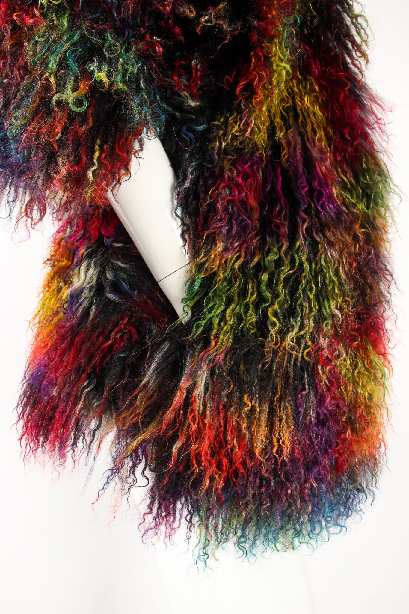 Vintage Emporio Armani Chubby Rainbow Mongolian Fur Jacket on Mannequin pockets at Recess LA