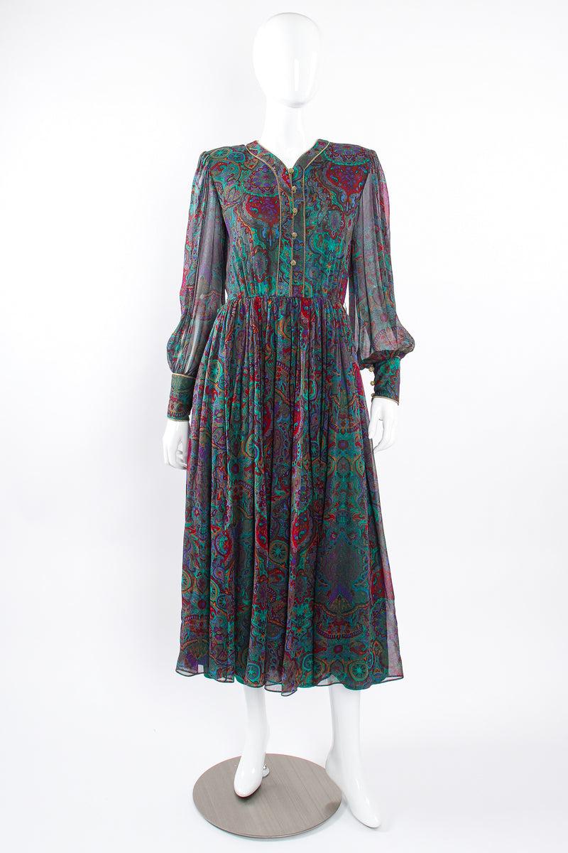 Vintage Enrico Gelini Paisley Silk Chiffon Shirtwaist Dress on Mannequin front at Recess LA