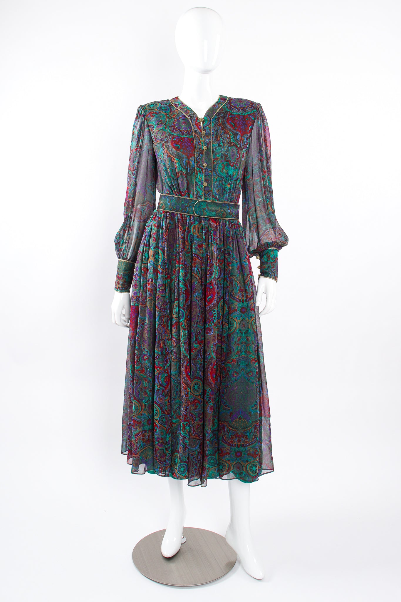 Vintage Enrico Gelini Paisley Silk Chiffon Shirtwaist Dress on Mannequin front at Recess LA