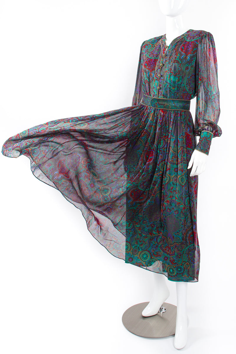 Vintage Enrico Gelini Paisley Silk Chiffon Shirtwaist Dress on Mannequin flow at Recess LA
