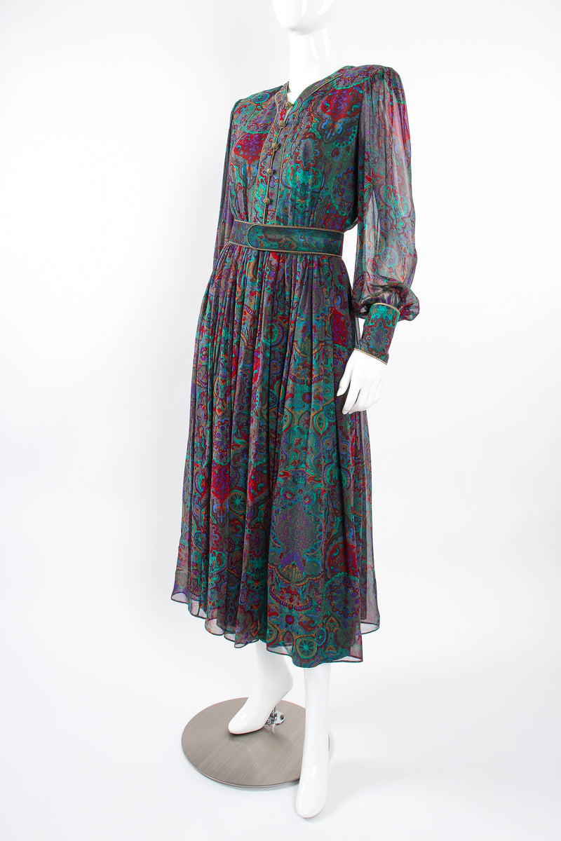 Vintage Enrico Gelini Paisley Silk Chiffon Shirtwaist Dress on Mannequin angle at Recess LA