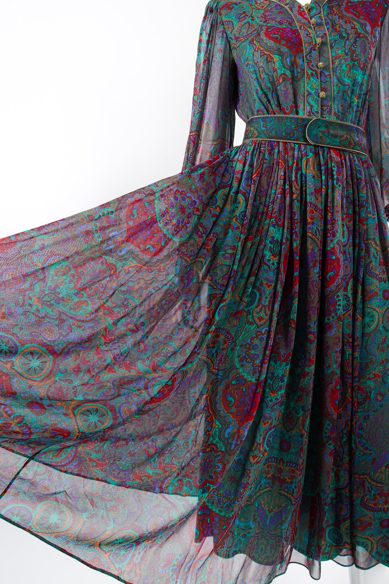 Vintage Enrico Gelini Paisley Silk Chiffon Shirtwaist Dress on Mannequin skirt at Recess LA