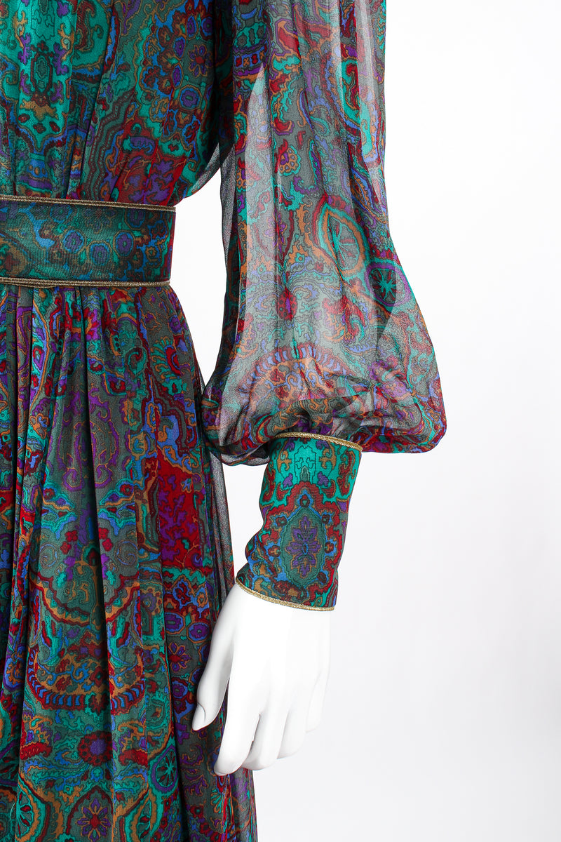Vintage Enrico Gelini Paisley Silk Chiffon Shirtwaist Dress on Mannequin sleeve cuff at Recess LA