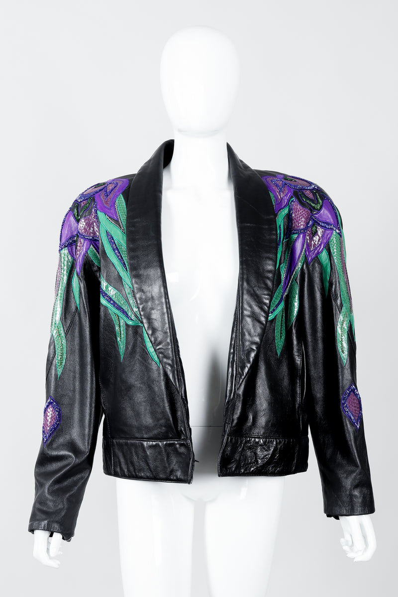 Vintage Erez Flaming Iris Leather Jacket on Mannequin front open at Recess