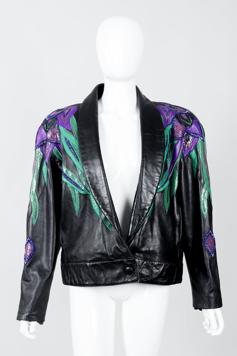 Vintage Erez Flaming Iris Leather Jacket on Mannequin front at Recess