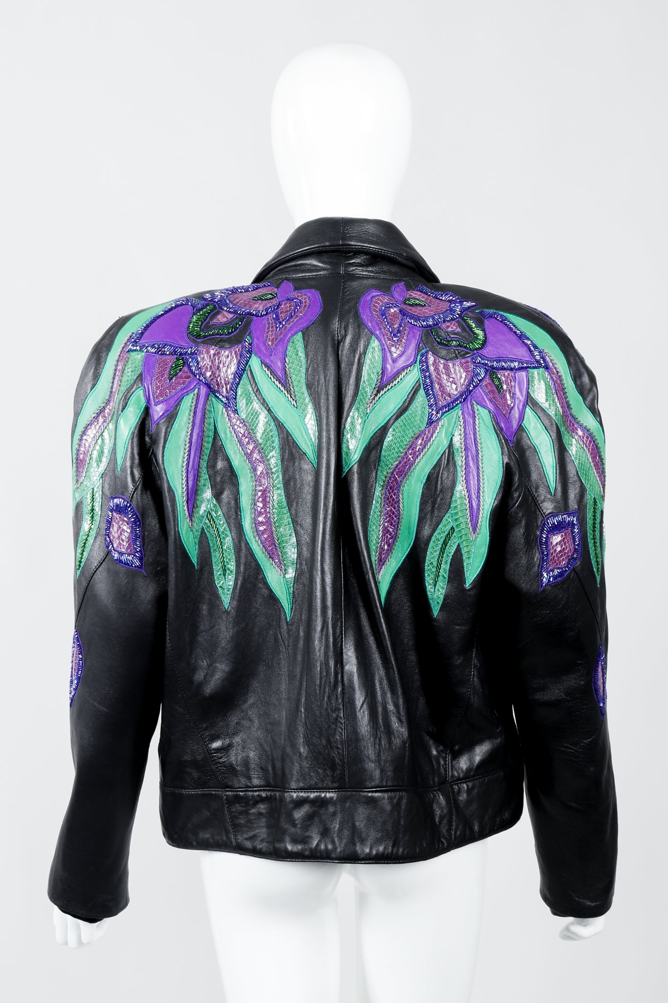 Vintage Erez Flaming Iris Leather Jacket on Mannequin back at Recess