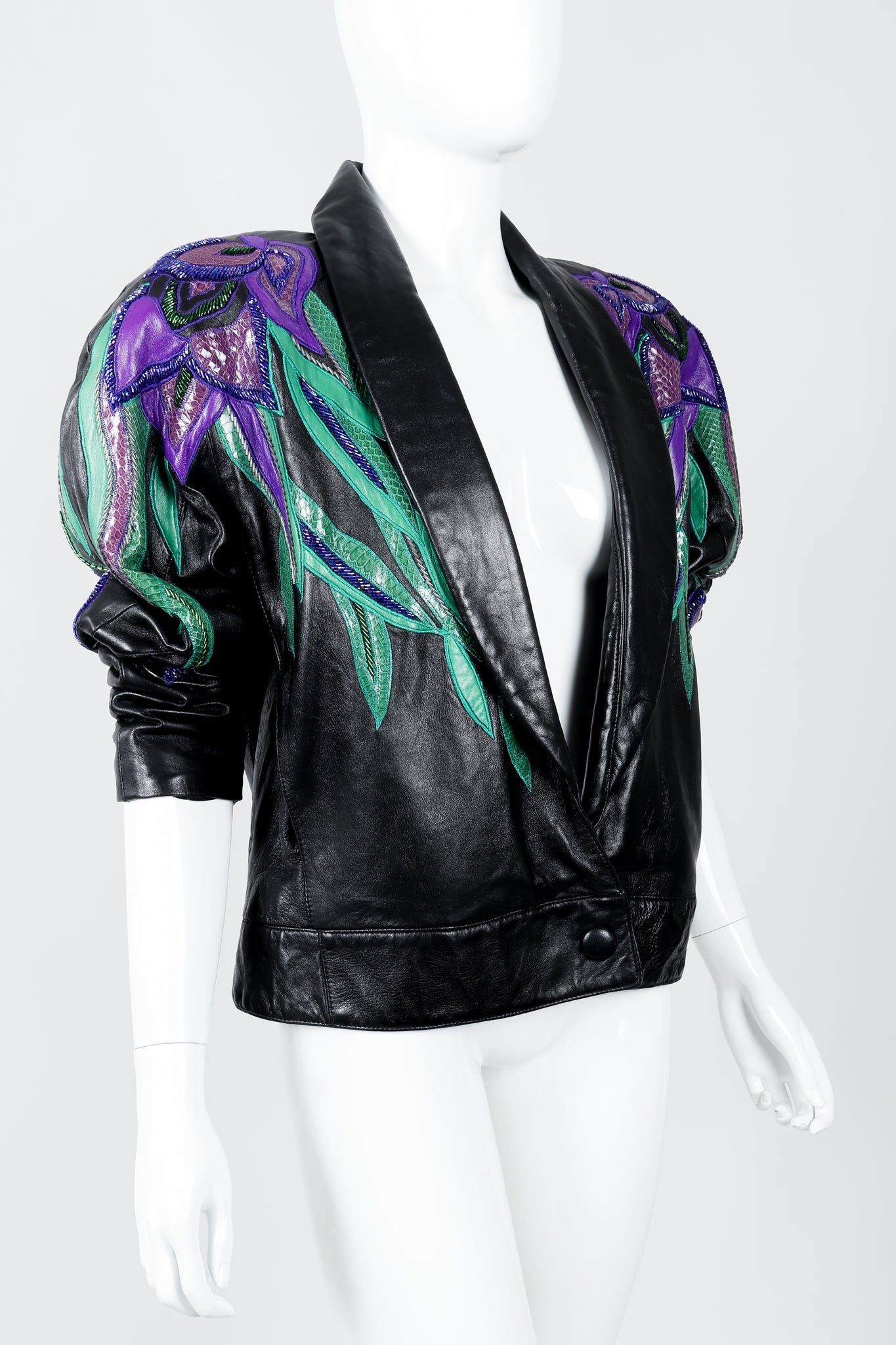 Vintage Erez Flaming Iris Leather Jacket styled angled on Mannequin at Recess