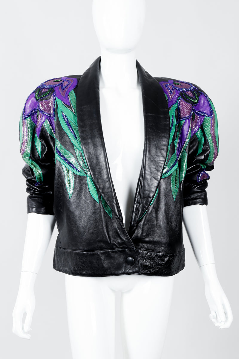 Vintage Erez Flaming Iris Leather Jacket styled on Mannequin at Recess