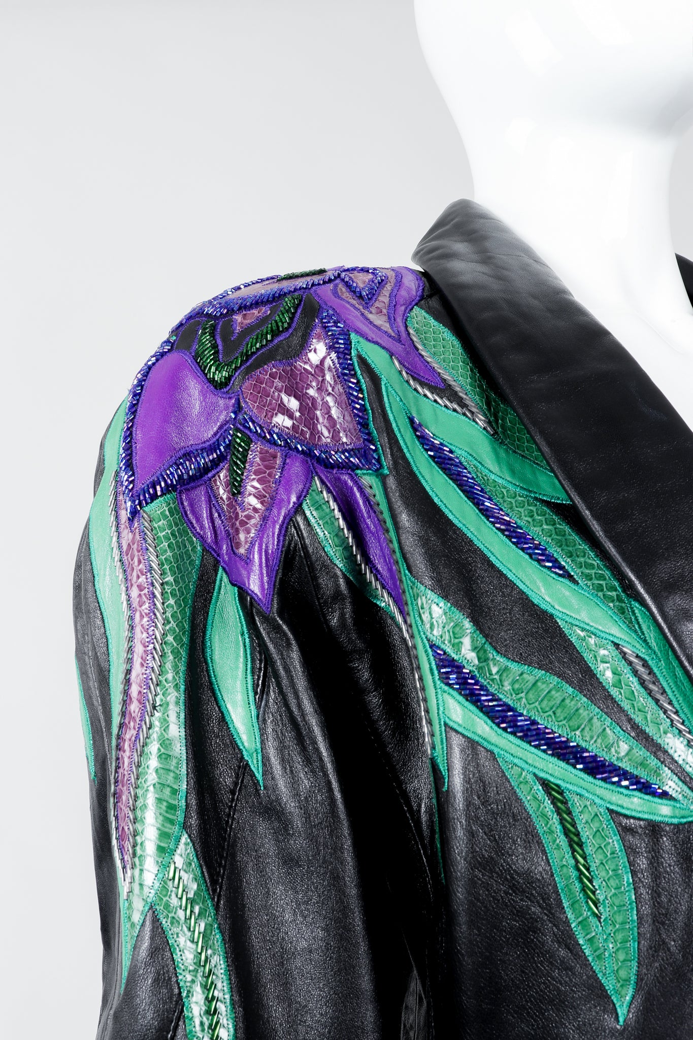 Vintage Erez Flaming Iris Leather Jacket on Mannequin shoulder detail at Recess