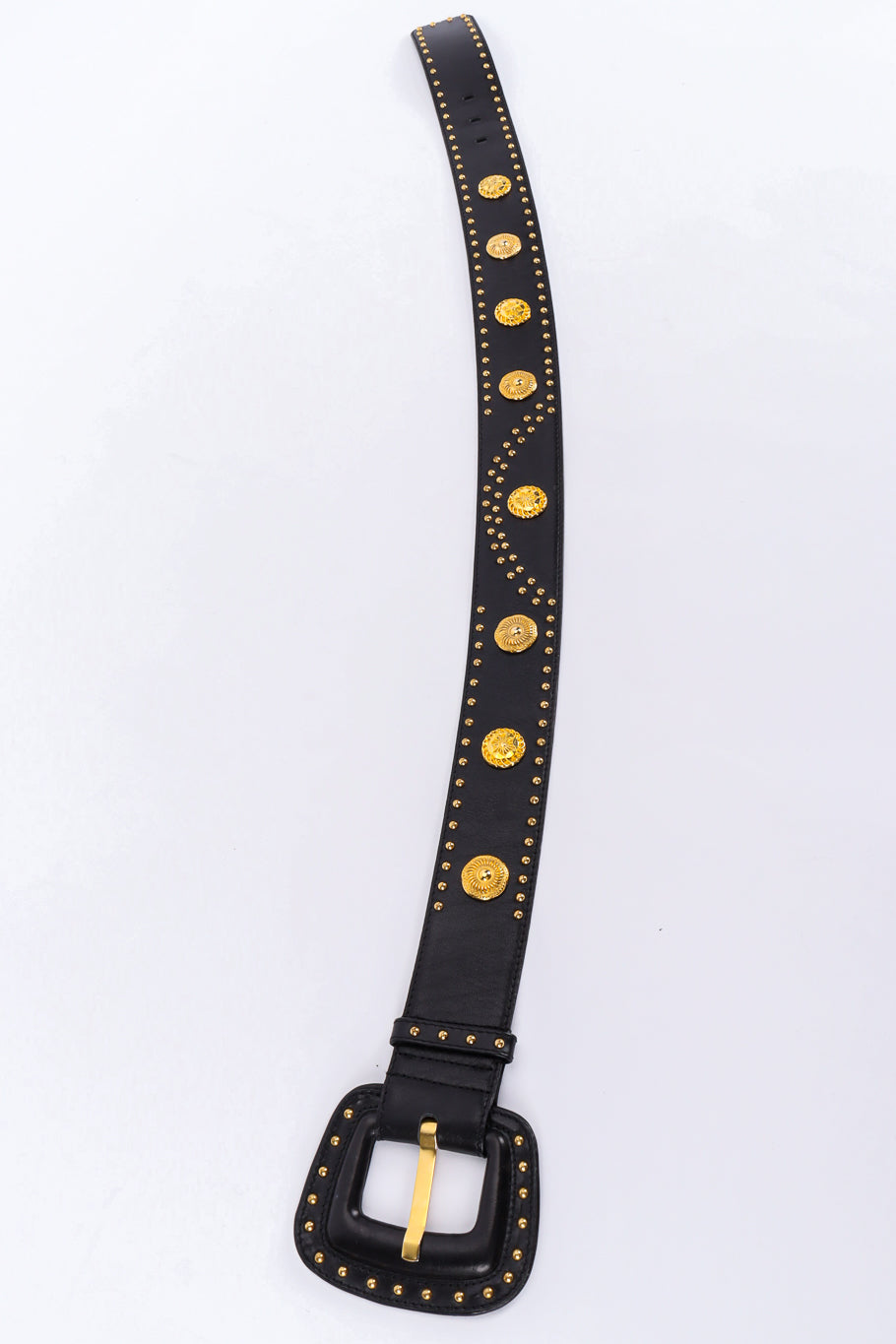 Wide black leather belt with mixed gold studs by Escada close up of studding leather @recessla