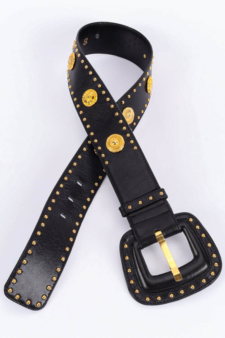 Wide black leather belt with mixed gold studs by Escada close up of studding leather. @recessla