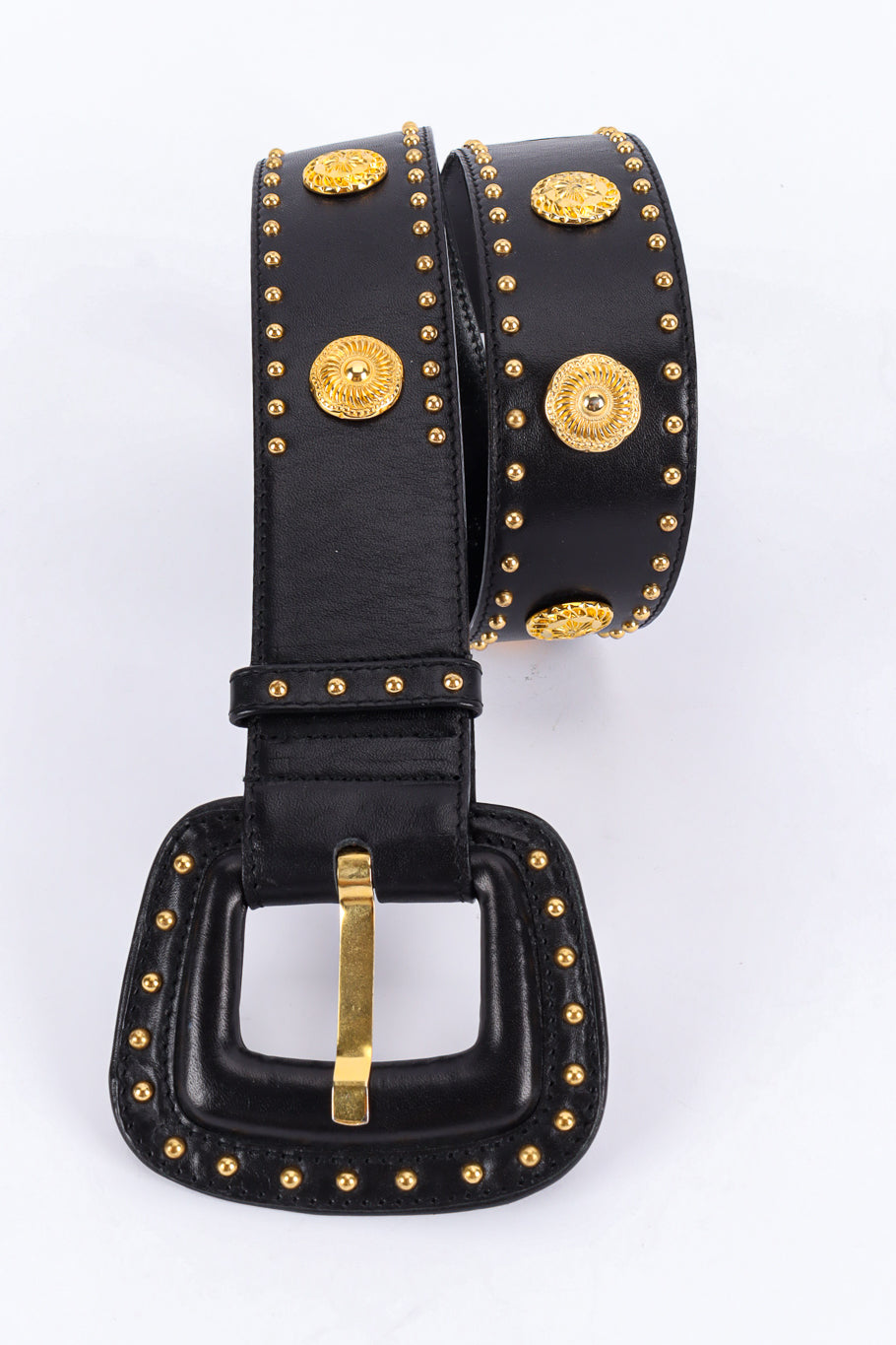 Wide black leather belt with mixed gold studs by Escada close up of studding leather. @recessla