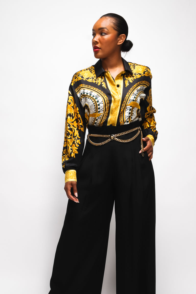 Brittany Hampton in Vintage Escada Corset Waist Wide Leg Pant and baroque blouse at Recess LA