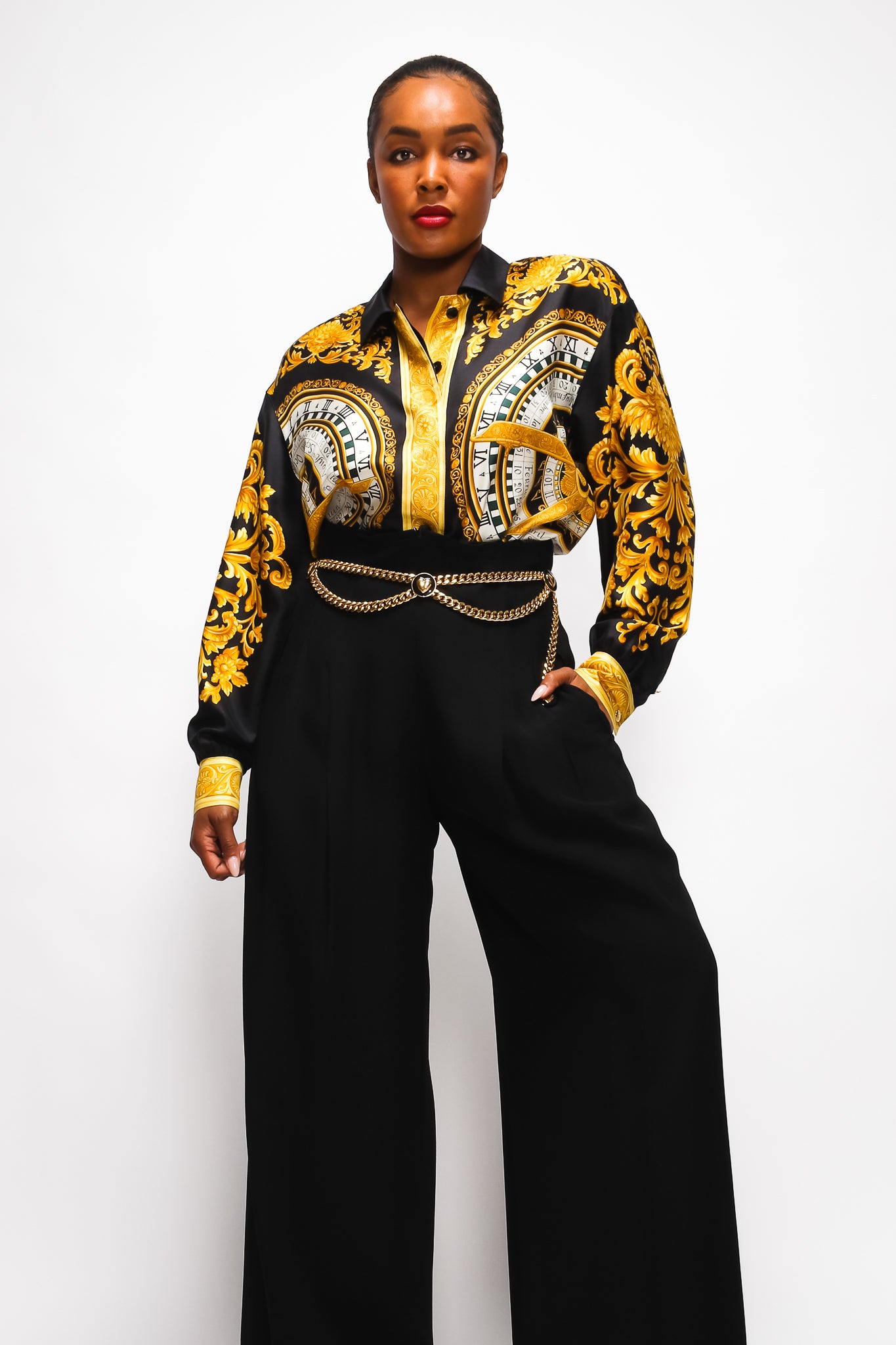 Brittany Hampton in Vintage Escada Corset Waist Wide Leg Pant and baroque blouse at Recess LA