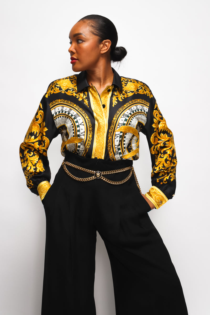 Brittany Hampton in Vintage Escada Silk Baroque Sun Dial Shirt Versace Inspired at Recess LA