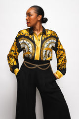 Brittany Hampton in Vintage Escada Corset Waist Wide Leg Pant and baroque blouse at Recess LA