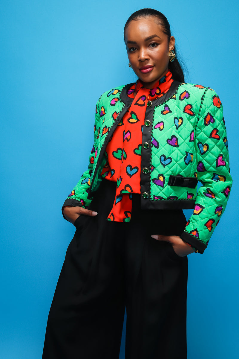 Brittany Hampton in Vintage Escada Quilted Graffiti Heart Print Jacket on blue at Recess LA