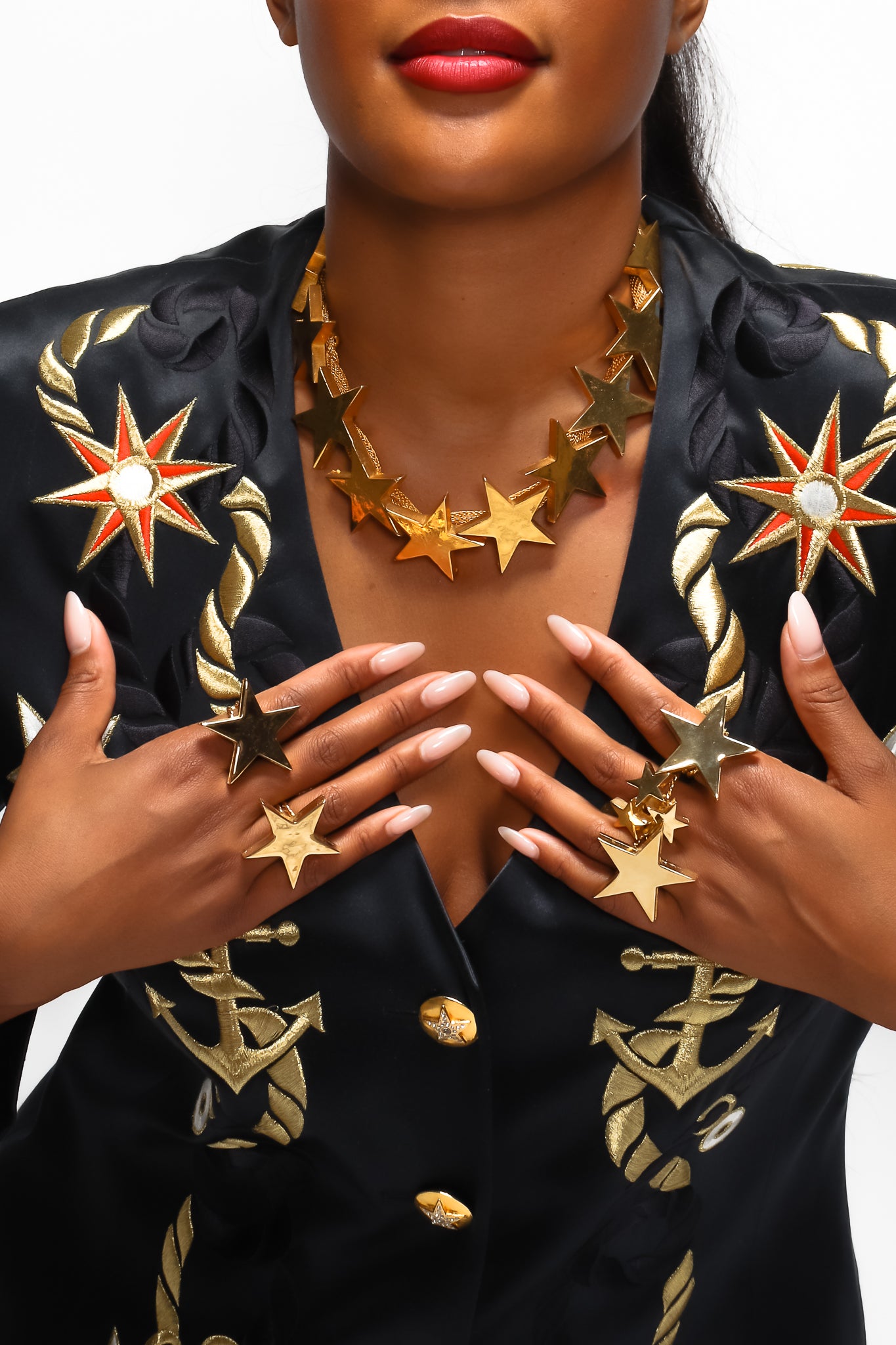 Brittany Hampton in Vintage William deLillo Gold Star Power Rings at Recess Los Angeles