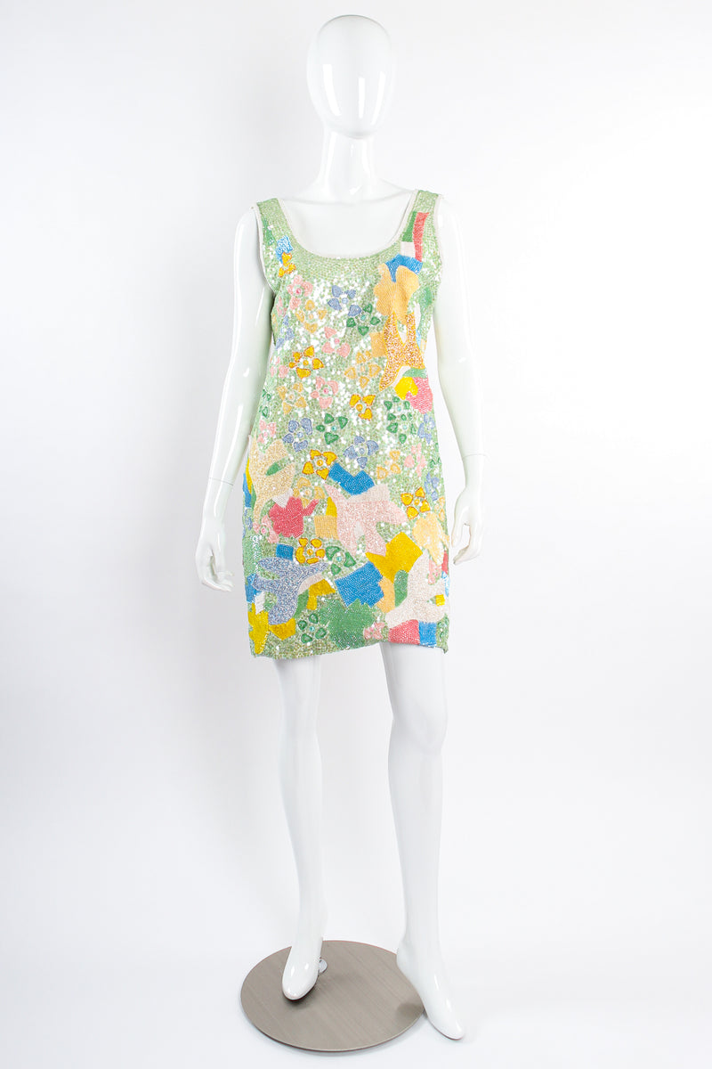 Vintage Escada Abstract Garden Sequined Dress on Mannequin front at Recess Los Angeles