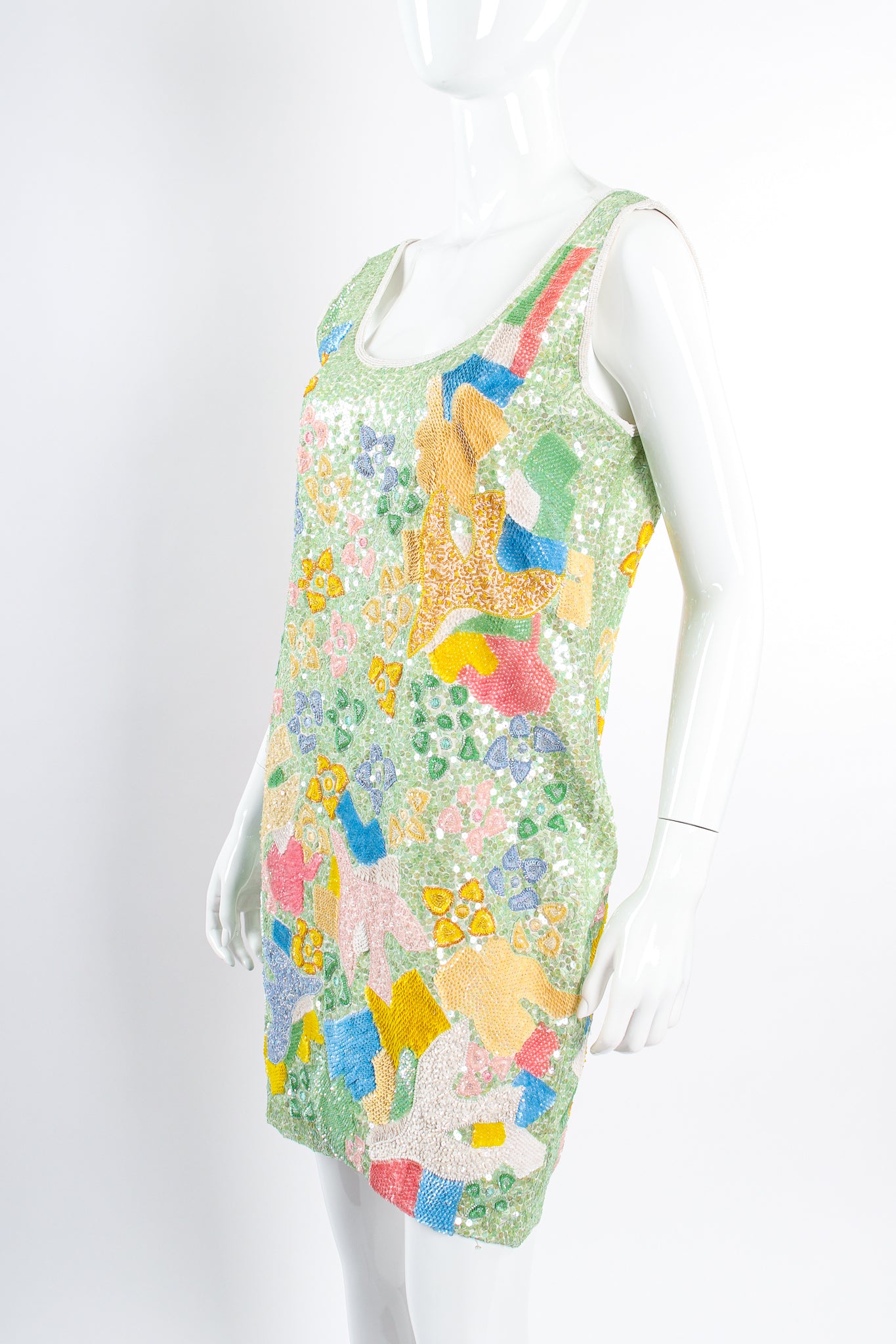 Vintage Escada Abstract Garden Sequined Dress on Mannequin angle crop at Recess Los Angeles