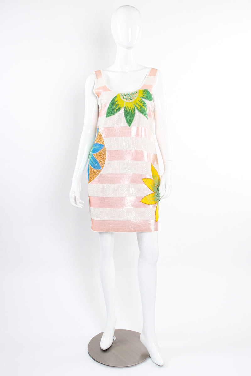 Vintage Escada Tropical Sequined Stripe Dress on Mannequin front at Recess Los Angeles