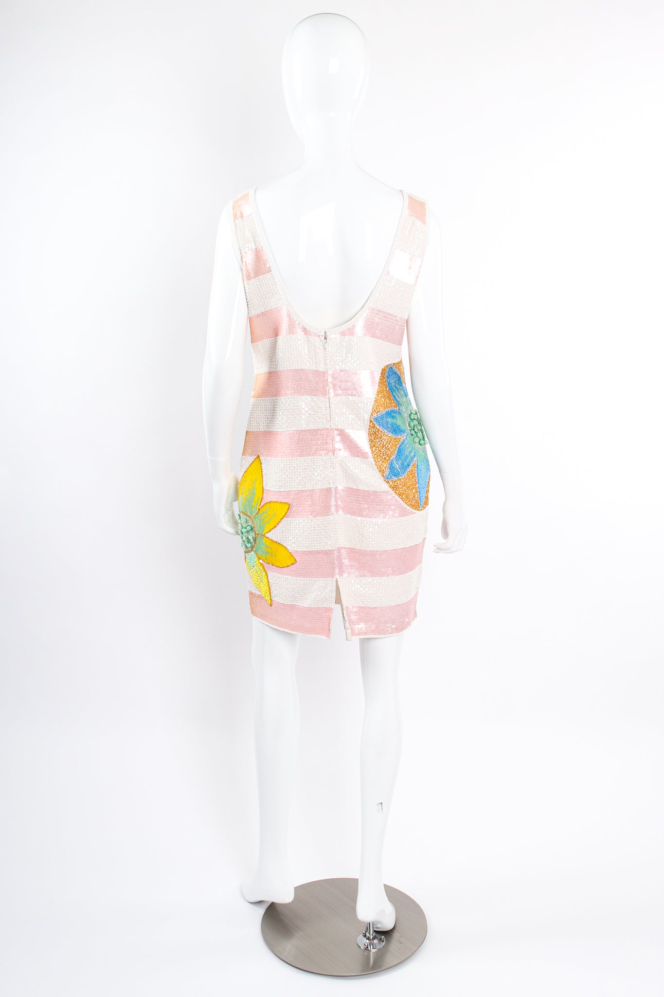 Vintage Escada Tropical Sequined Stripe Dress on Mannequin back at Recess Los Angeles