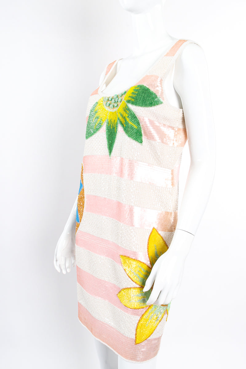 Vintage Escada Tropical Sequined Stripe Dress on Mannequin angle crop at Recess Los Angeles