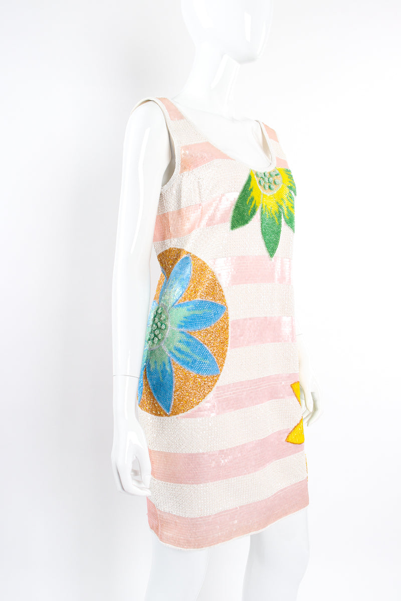 Vintage Escada Tropical Sequined Stripe Dress on Mannequin angle crop at Recess Los Angeles