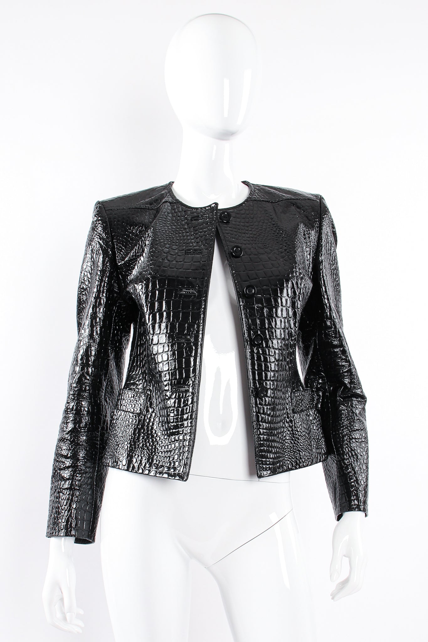 Vintage Escada Patent Leather Embossed Gator Jacket on Mannequin open at Recess Los Angeles