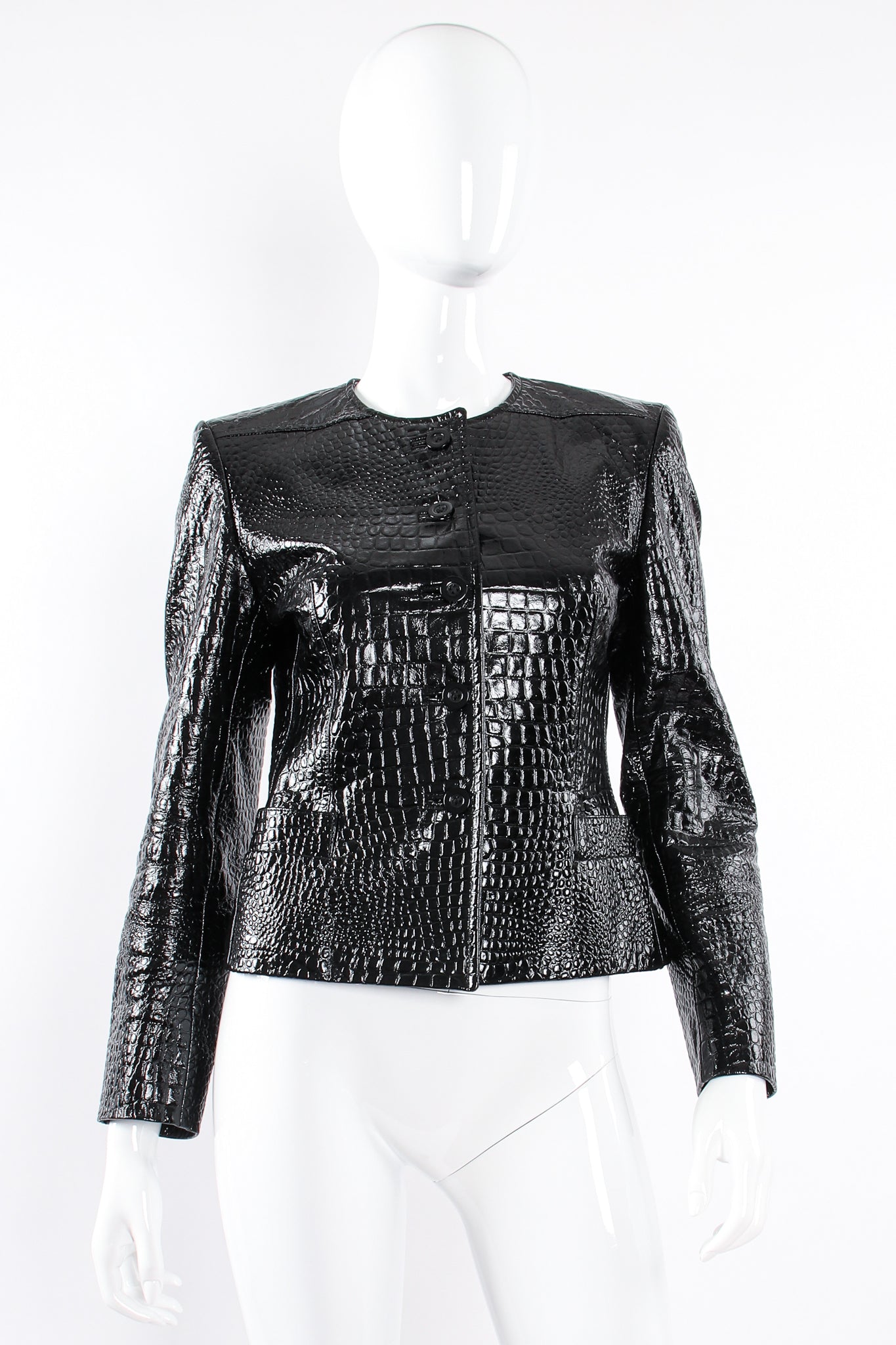 Vintage Escada Patent Leather Embossed Gator Jacket on Mannequin front at Recess Los Angeles