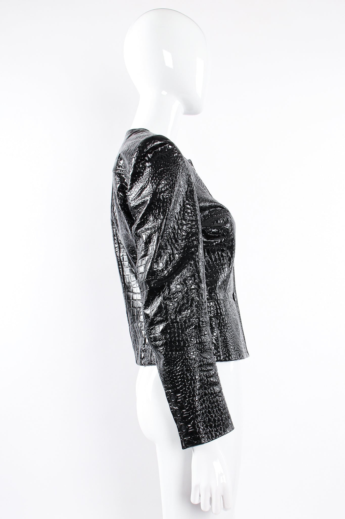 Vintage Escada Patent Leather Embossed Gator Jacket on Mannequin side at Recess Los Angeles