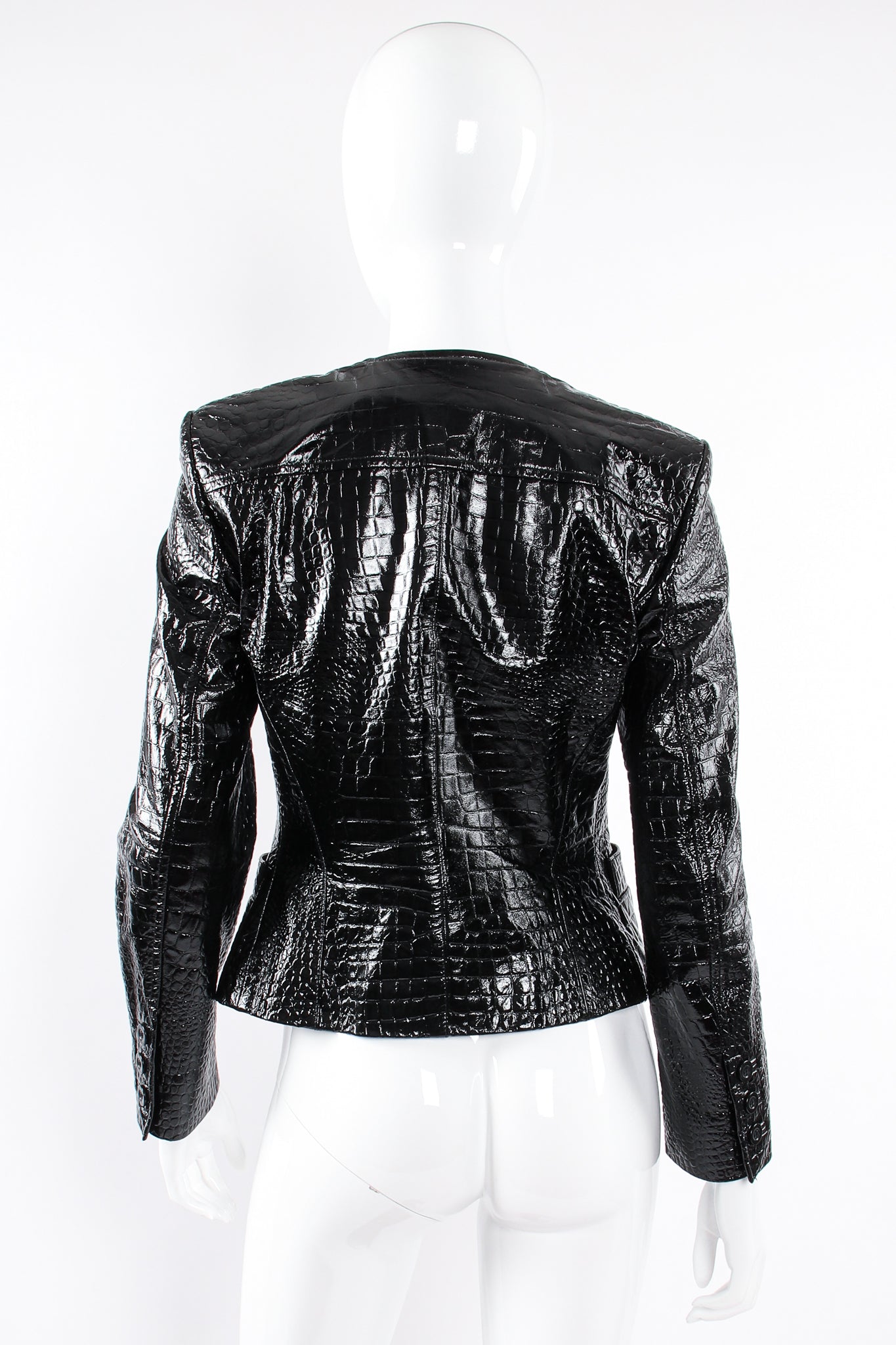 Vintage Escada Patent Leather Embossed Gator Jacket on Mannequin back at Recess Los Angeles
