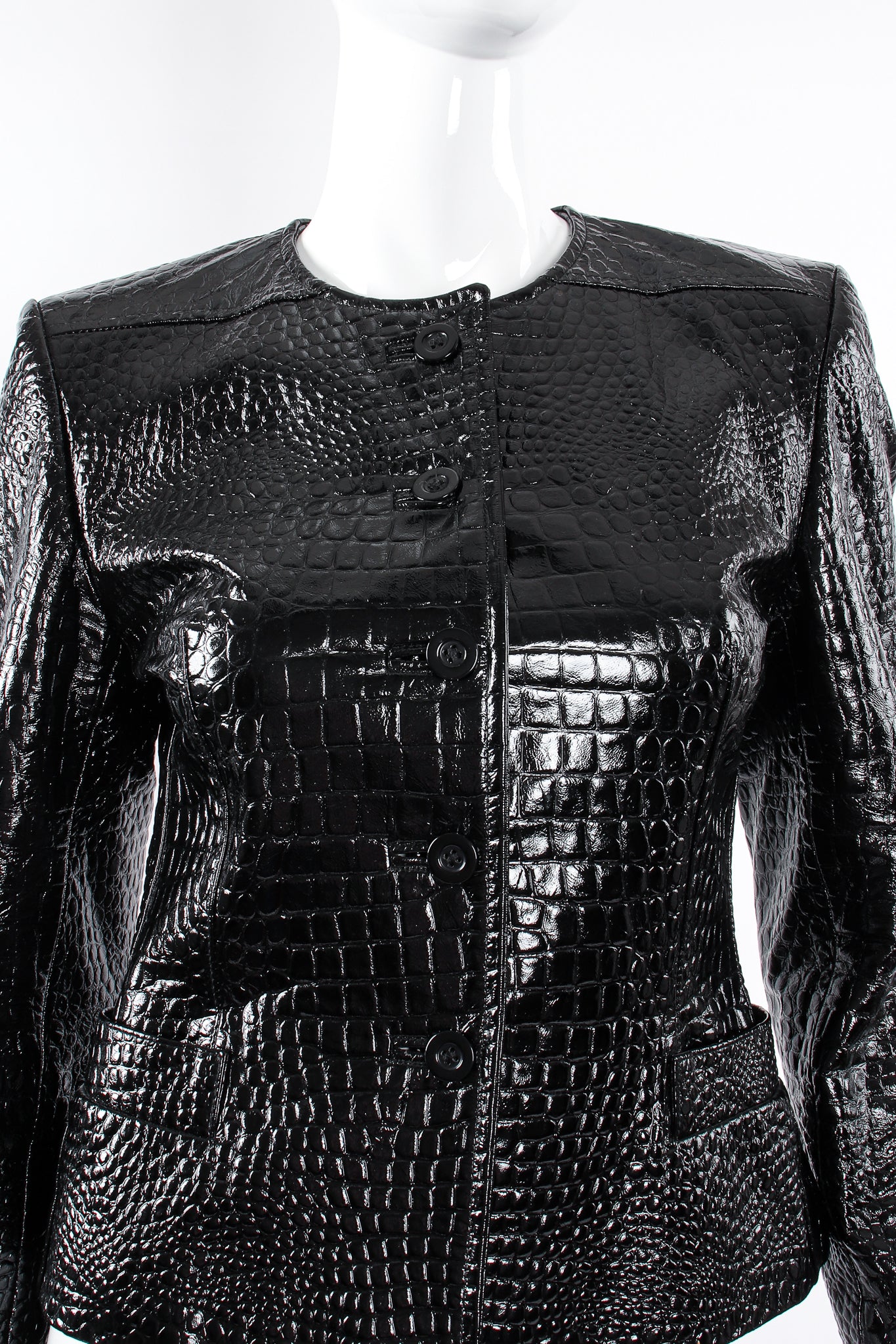 Vintage Escada Patent Leather Embossed Gator Jacket on Mannequin front crop at Recess Los Angeles