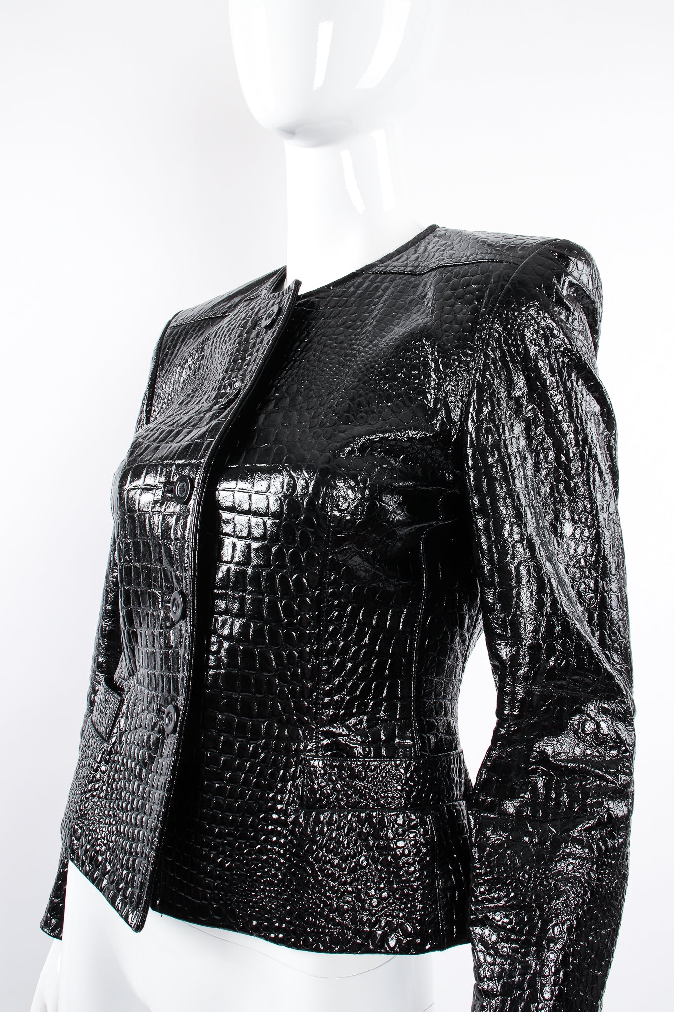 Vintage Escada Patent Leather Embossed Gator Jacket on Mannequin angle at Recess Los Angeles