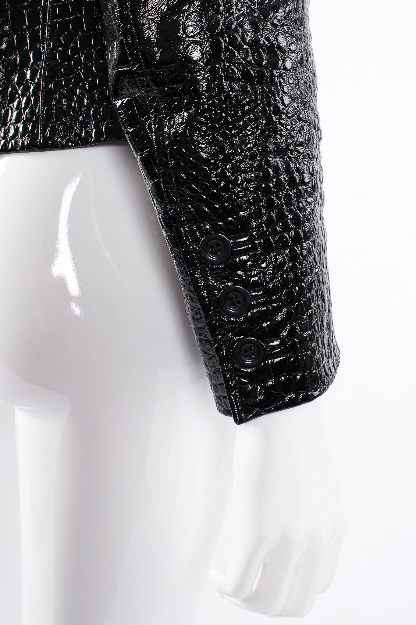 Vintage Escada Patent Leather Embossed Gator Jacket on Mannequin sleeve cuff at Recess Los Angeles