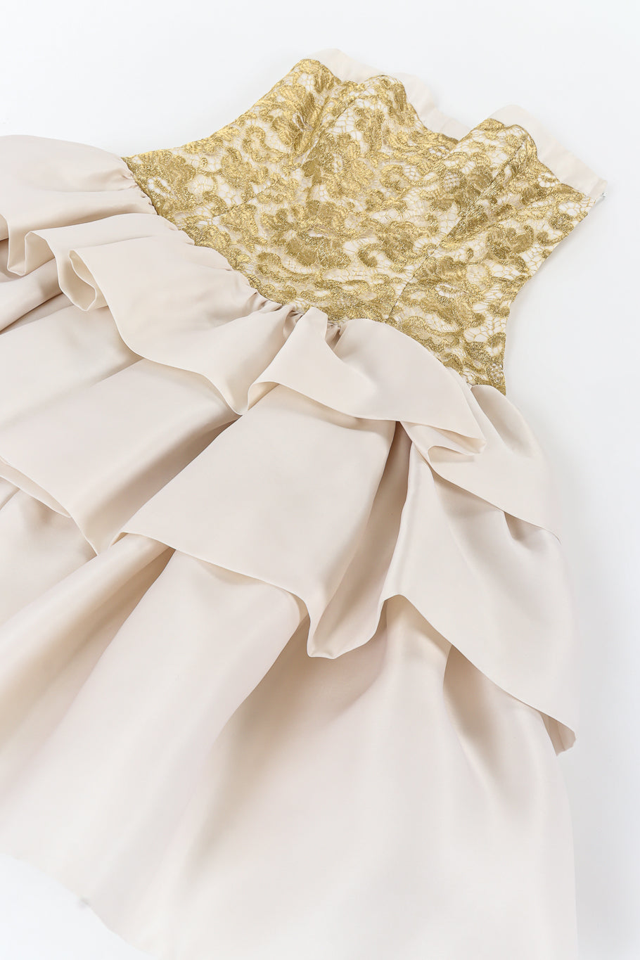 Vintage Escada Couture Metallic Floral Lace Silk Dress dress flat lay close @ Recess LA